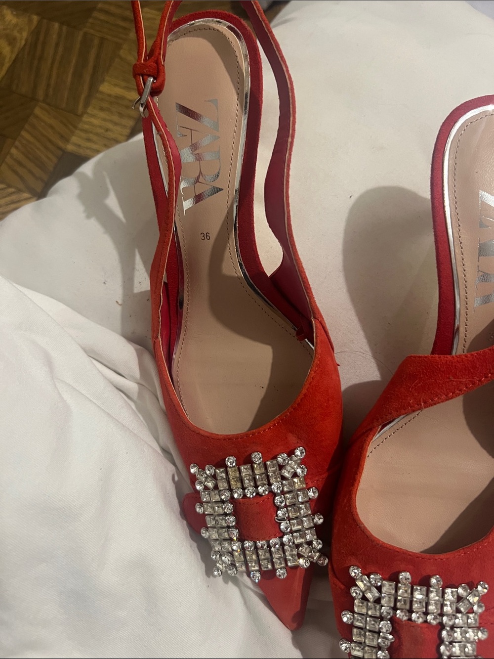 Zara Red Pointed Slingback Heels with Crystal Buckle - Picture 3 of 6